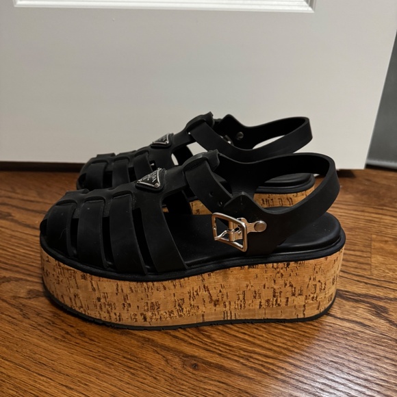 Prada Prada Black Rubber Monolith Platform Cork Sandals - Picture 9 of 12